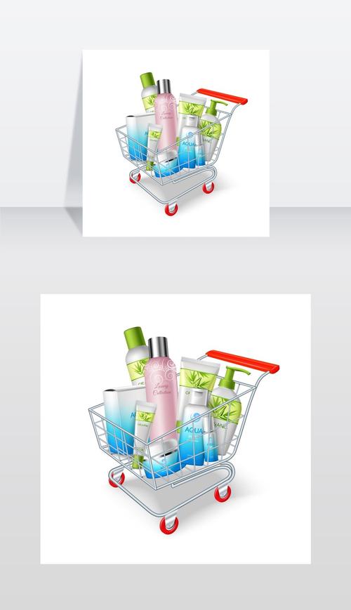 超市购物车与化妆品和卫生用品矢量插图